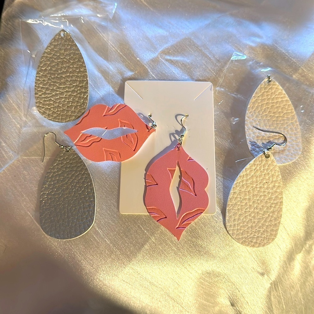 Set of 3 pair Valentine’s Day laser cut out earrings -Pink Lips, White, Silver